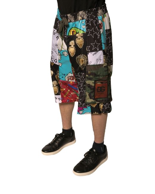 Dolce & Gabbana Black Patchwork Cargo Bermuda Shorts for men