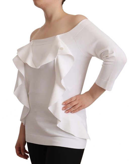 D. EXTERIOR White Long Sleeves Off Shoulder Top Blouse