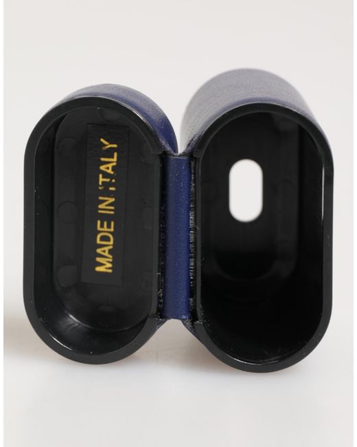Dolce & Gabbana Blue Leather Logo Print Flip Holder Men Airpods Case