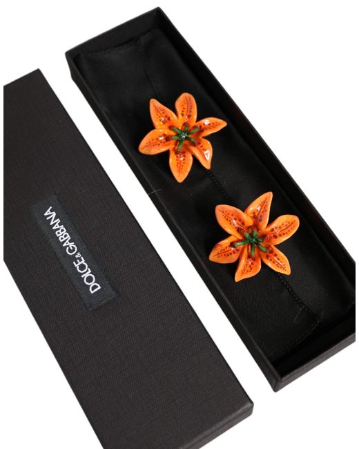 Dolce & Gabbana Orange Green Gold Brass Lily Flower Clip Floral Earrings