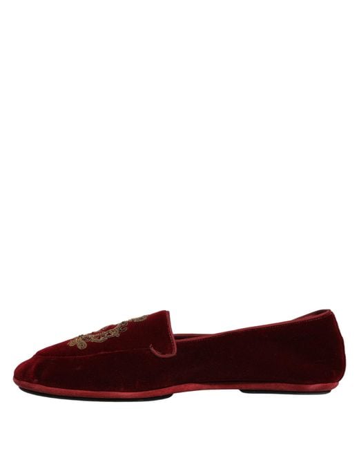 Dolce & Gabbana Red Maroon Velvet Crown Embroidery Loafers Shoes for men