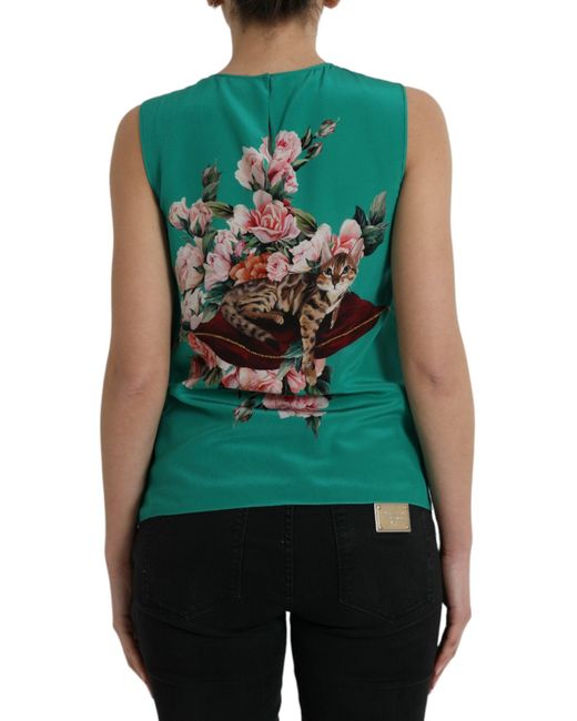 Dolce & Gabbana Green Floral Cat Silk Round Neck Tank Top