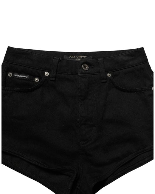 Dolce & Gabbana Black Cotton Mid Rise Denim Hot Pants Shorts