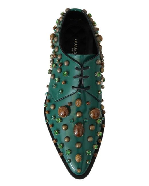 Dolce & Gabbana Green Emerald Leather Dress Shoes With Crystal Accents