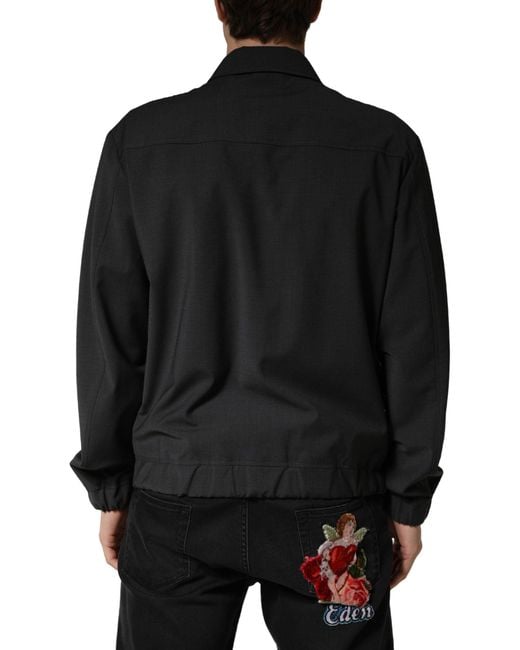 Dolce & Gabbana Black Wool Logo Full Zip Bomber Jacket Virgin Nylon Clothing for men