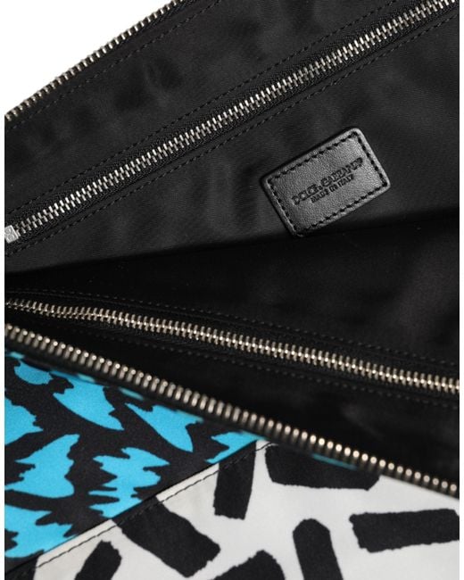 Dolce & Gabbana Blue Multicolor Printed Nylon Logo Plaque Men Clutch Pouch Bag