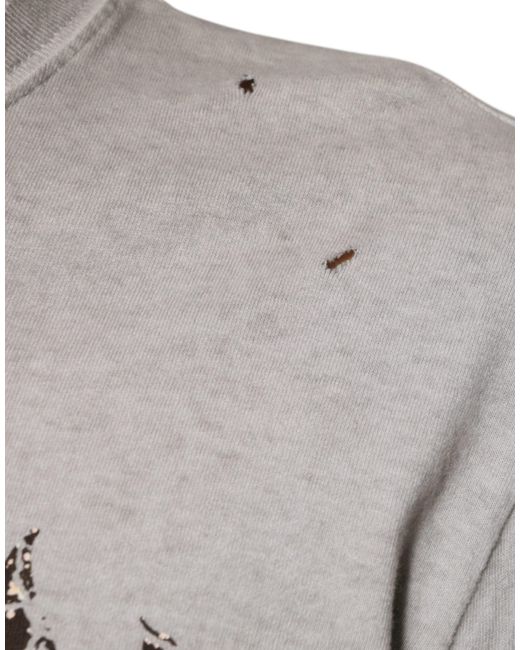 Dolce & Gabbana Gray Printed Cotton Crewneck Pullover Sweater for men