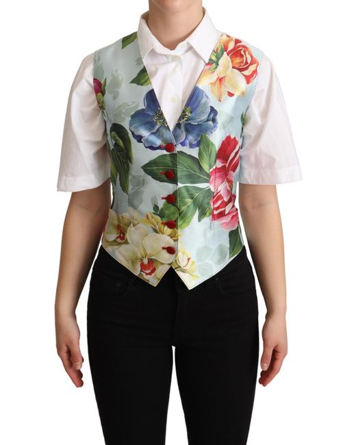 Dolce & Gabbana Blue Elegant Floral Print Silk Waistcoat