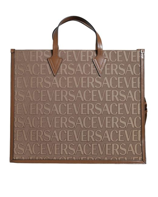 Versace Brown Top Handle Jacquard Leather Logo Crossbody Tote Bag