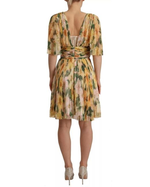 Dolce & Gabbana Multicolor Yellow Floral Print Pleated Maxi Dress