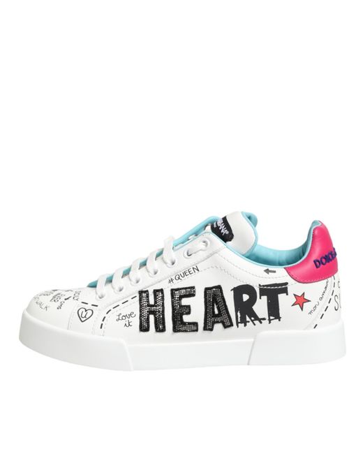Dolce & Gabbana White Leather Graffiti Low Top Sneakers Shoes