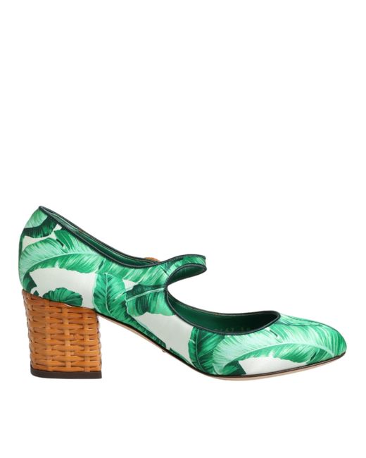 Dolce & Gabbana Green Silk Mary Janes Leaf Sandals Shoes