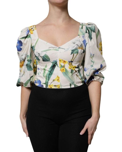 Dolce & Gabbana Black White Floral Puff Sleeves Crop Blouse Top for men