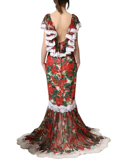 Dolce & Gabbana Brown Multicolor Geranium Flower Lace Maxi Dress