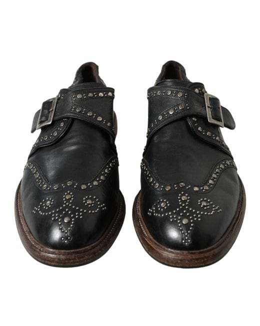 Dolce & Gabbana Black Leather Monk Strap Studded Dress Shoes for men