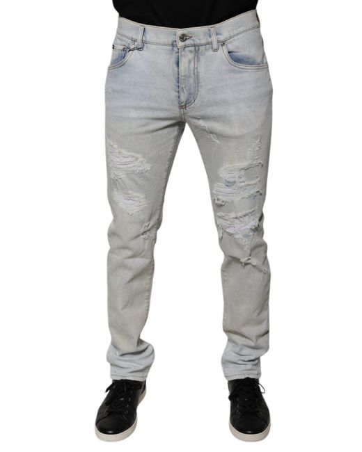 Dolce & Gabbana Gray Light Blue Cotton Blend Tattered Skinny Denim Jeans for men