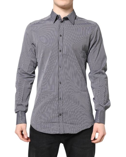 Dolce & Gabbana Gray Black White Striped Gold Formal Dress Shirt for men