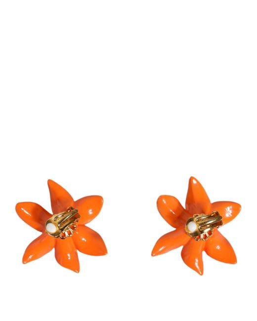 Dolce & Gabbana Orange Green Gold Brass Lily Flower Clip Floral Earrings