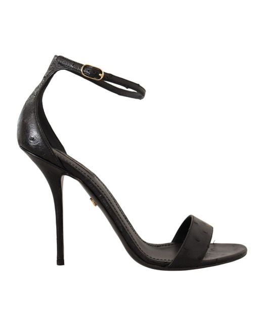 Dolce & Gabbana Black Elegant Ostrich Leather Ankle Strap Heels