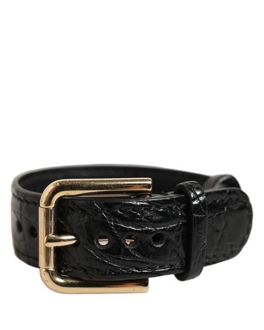Dolce & Gabbana Gray Black Textured Leather Gold Buckle Belt Strap Bracelet