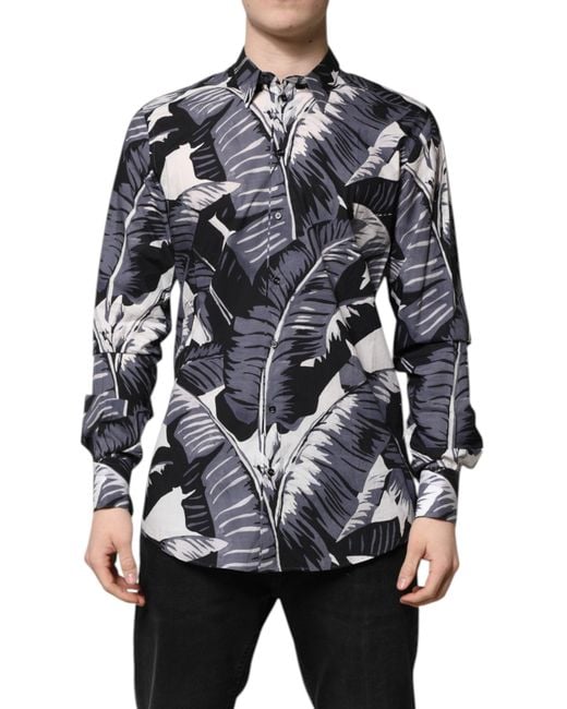 Dolce & Gabbana Blue Cotton Banana Leaf Print Shirt for men