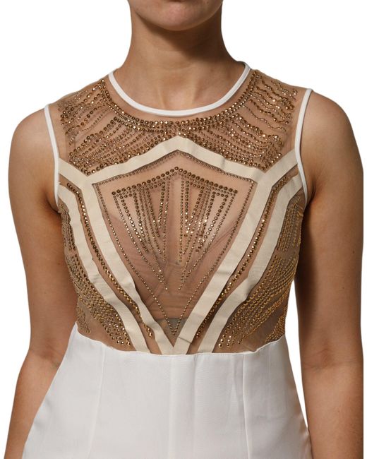 Mangano White Beige Mesh Crystal Embellished Sleeveless Jumpsuit