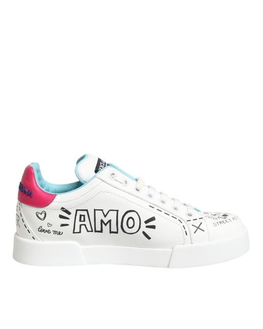 Dolce & Gabbana White Leather Graffiti Low Top Sneakers Shoes