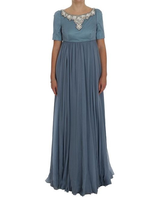 Dolce & Gabbana Blue Silk Crystal Sheath Gown Ball Dress