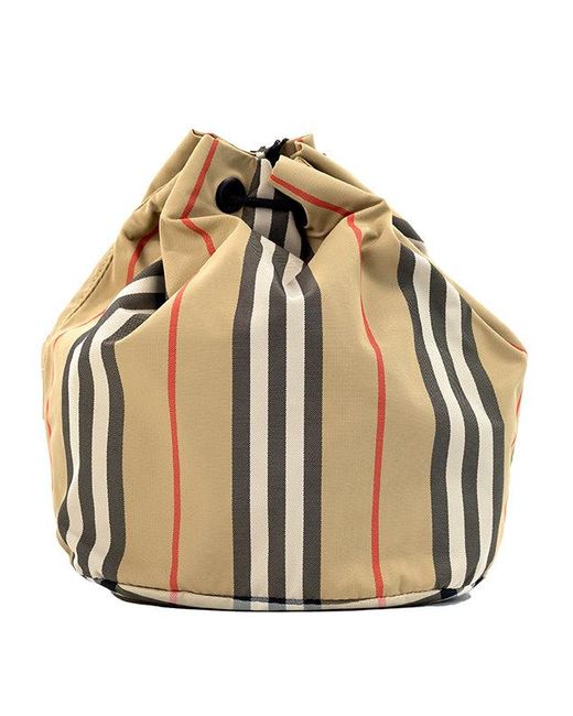 Burberry Natural Phoebe Heritage Stripe Beige Eco Nylon Drawstring Bucket Bag