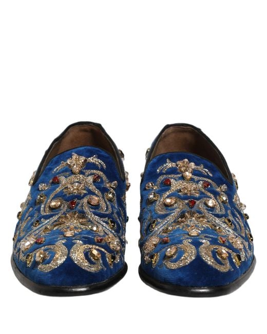 Dolce & Gabbana Blue Velvet Embellished Dress Loafers Shoes for men