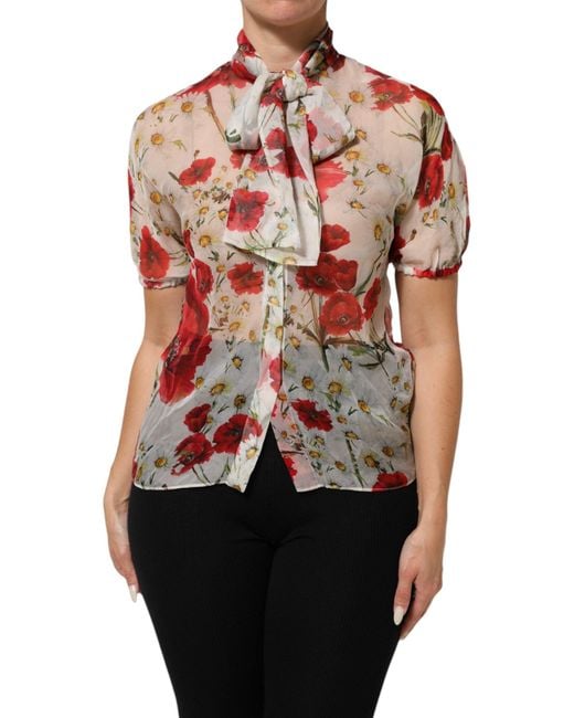 Dolce & Gabbana Red Floral Tie-Neck Poppy Print Blouse Top