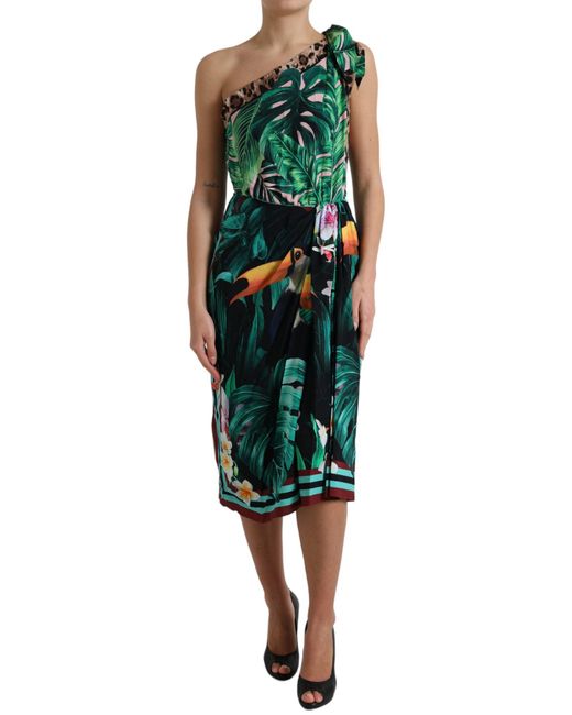 Dolce & Gabbana Green Tropical Jungle Print One Shoulder Midi Dress