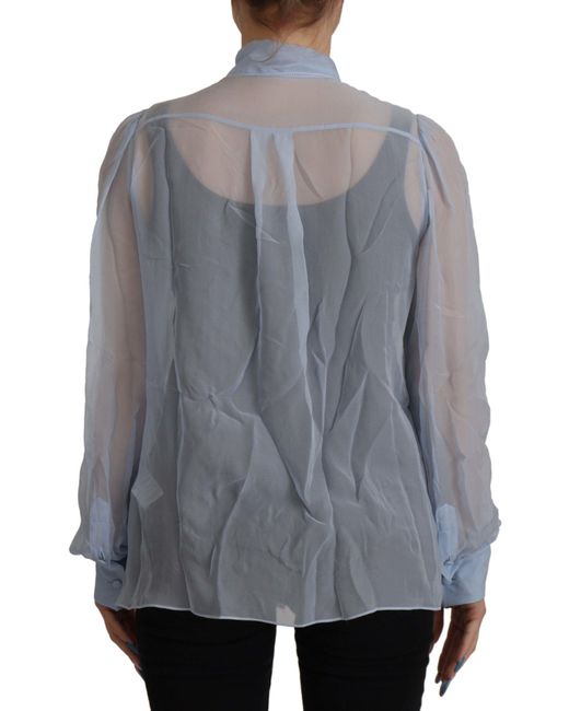 Dolce & Gabbana Gray Sheer Silk Blouse Bow Tie Neck