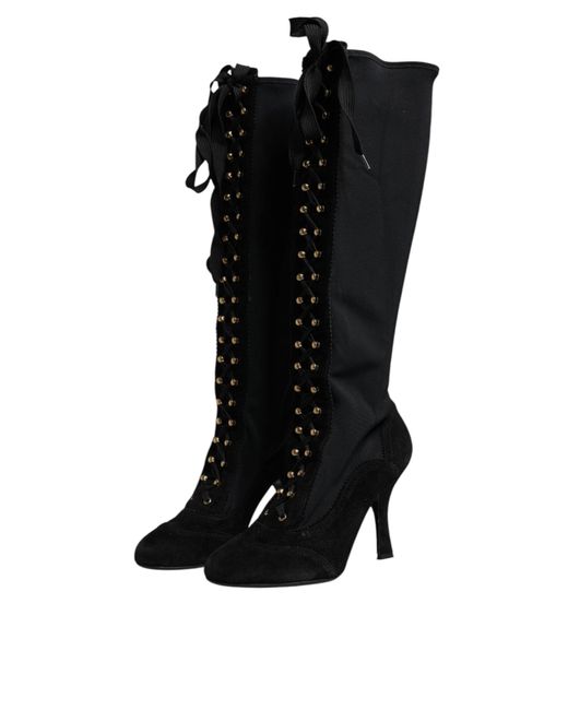 Dolce & Gabbana Black Lace Up Heels High Boots Shoes