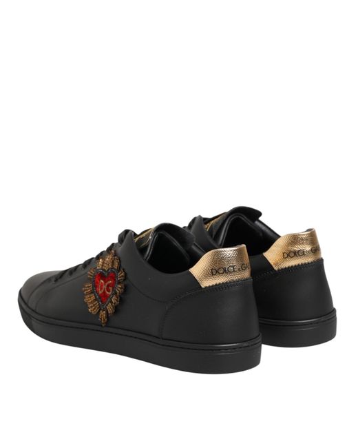 Dolce & Gabbana Brown Black Leather Heart Embellished Sneakers Shoes for men