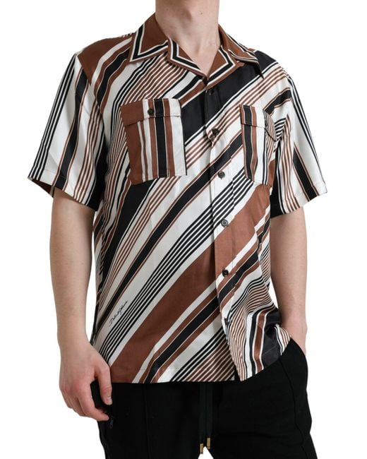 Dolce & Gabbana Black Silk Striped Short Sleeve Shirt for men