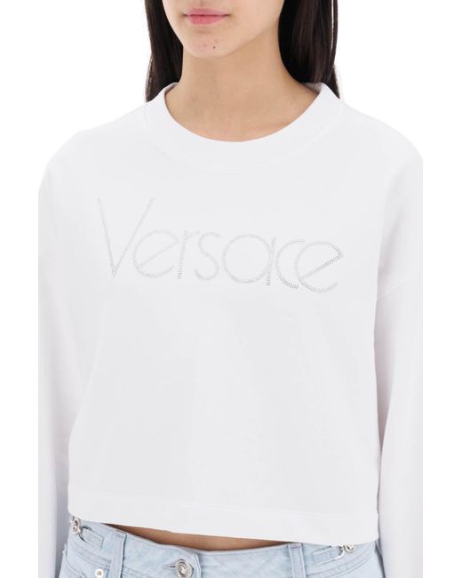 Versace White Felpa Cropped Con Logo In Strass