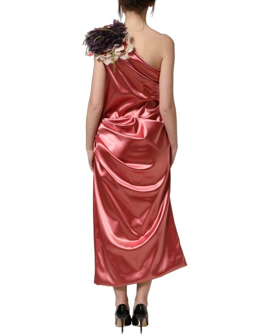 Dolce & Gabbana Red Draped Midi Flower Appliques Dress Acetate Nylon Elastane