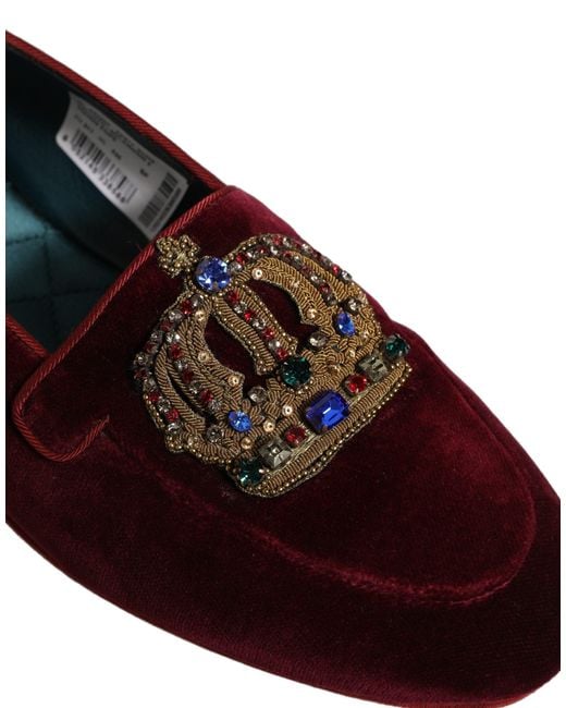 Dolce & Gabbana Red Burgundy Velvet Crown Slip On Loafers Shoes for men