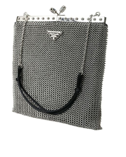 Prada Gray Elegant Silver Mesh Shoulder Evening Bag