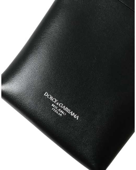 Dolce & Gabbana Black Leather Zip Around Logo Print Lanyard Strap Wallet for men