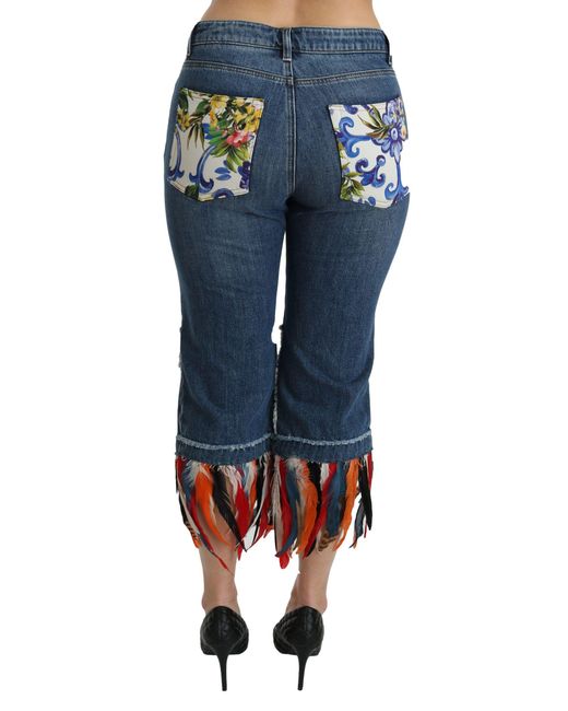 Dolce & Gabbana Dolce Gabbana Blue Feathers Low Waist Cropped Cotton Jeans