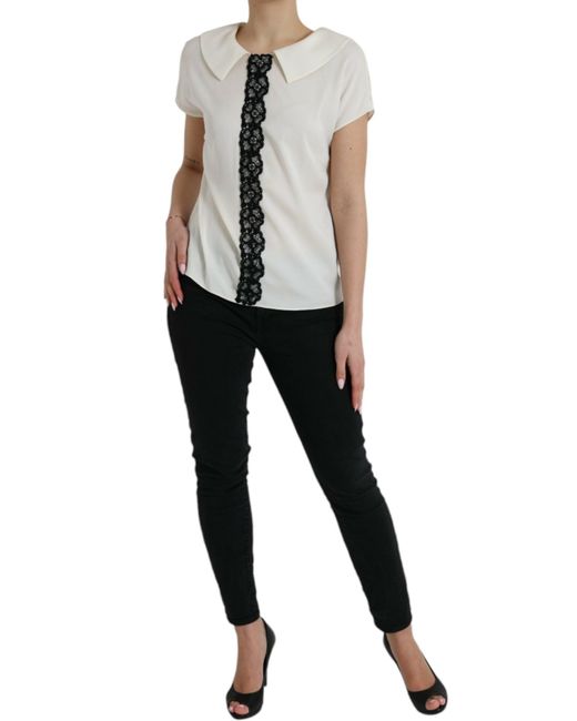 Dolce & Gabbana White Elegant Off- Lace-Trim Silk Blouse