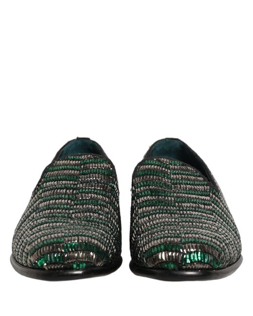Dolce & Gabbana Silver Green Embellished Dress Loafers Shoes for men