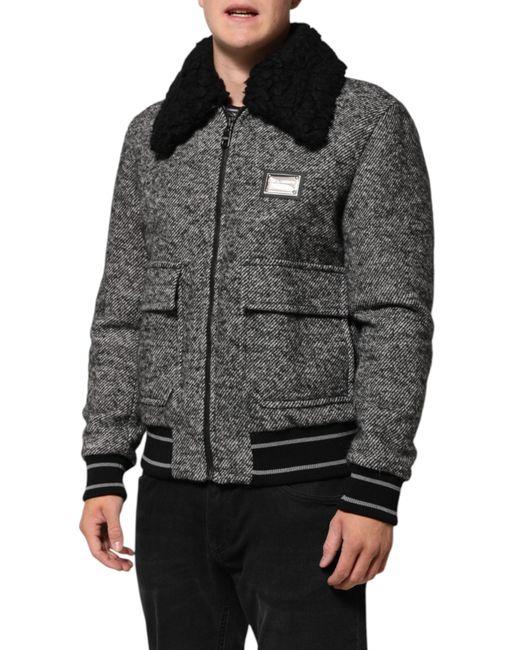Dolce & Gabbana Gray Wool Herringbone Shearling Collar Bomber Jacket for men