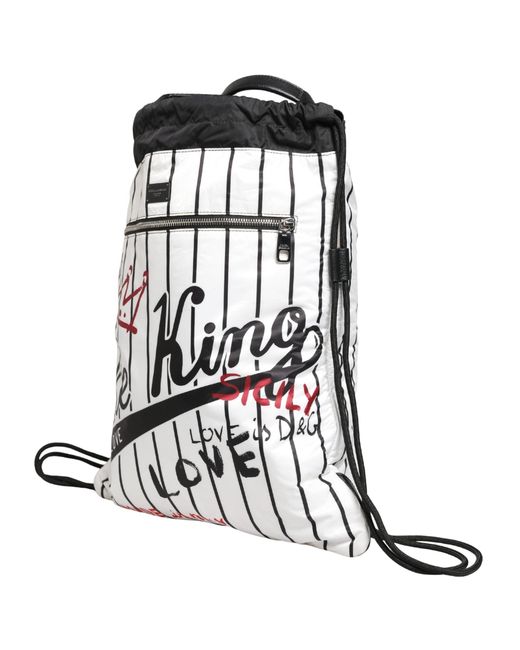 Dolce & Gabbana Black White Sicily Print Adjustable Drawstring Nap Sack Men Bag