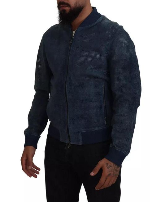 Dolce & Gabbana Blue Leather Perforated Full Zip Jacket for men