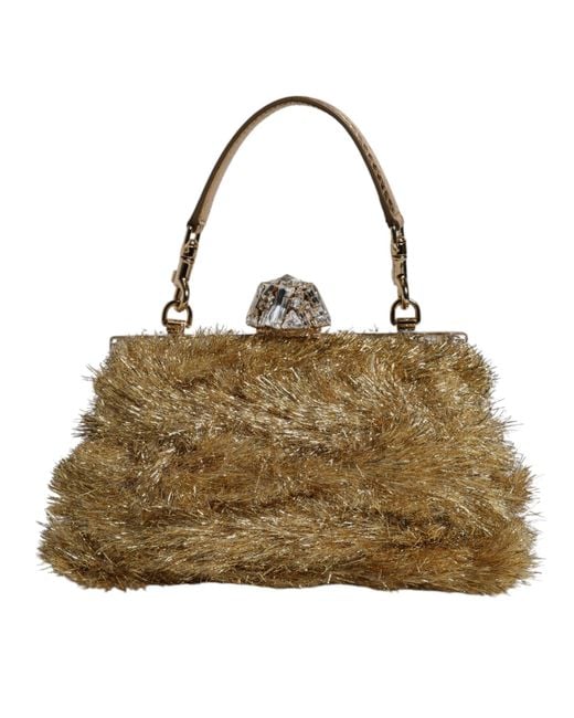 Dolce & Gabbana Metallic Gold Vanda Chain Strap Tinsel Crystal Evening Clutch Bag