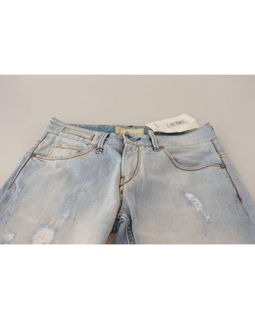 Acht White Light Blue Distressed Cotton Folded Hem Denim Trouser Jeans
