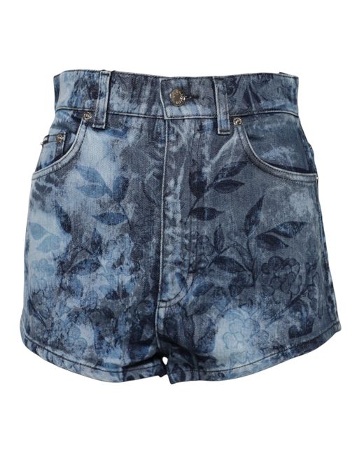 Dolce & Gabbana Blue Floral Print Denim Cotton Hot Pants Shorts